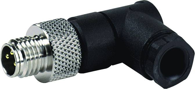 A black and silver M12 angle adapter with threaded connection and multiple contacts. Suitable for industrial connections.