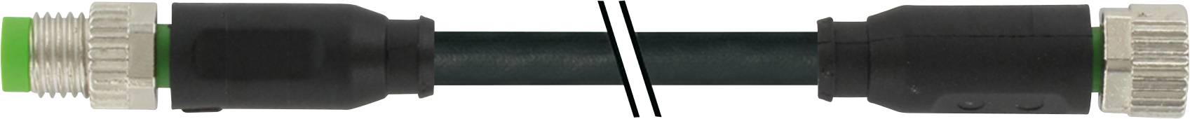 A black cable with two plugs at each end, one green and one silver, separated by a diagonal cut in the middle.