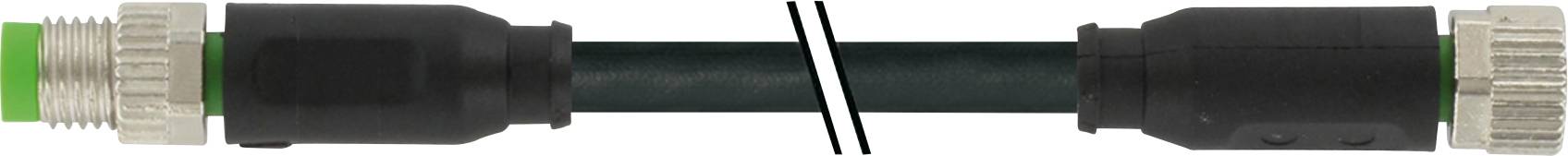 Cable photo shows two connectors on a black cable. On the left is a green connector, on the right a metallic one.