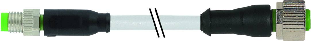 A green and black cable plug opposite a black and metallic plug, connected by a transparent cable.