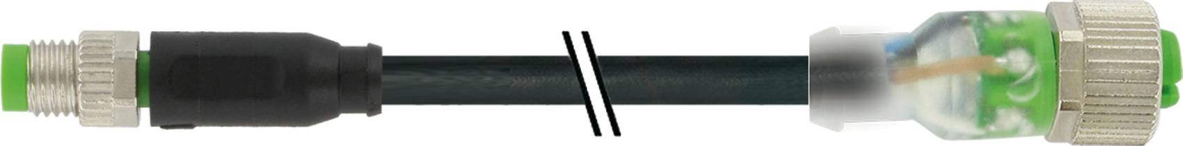 Black cable with green, transparent plug and metal threading.