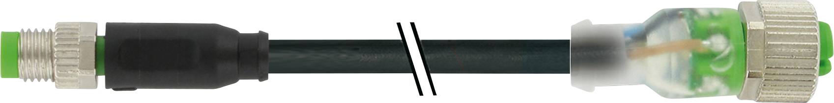 Two-pole cable with a green plug on the left side and a transparent, sealed connection on the right side.