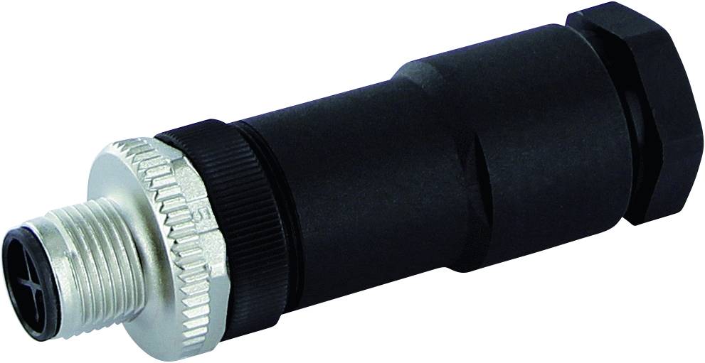 A black cylindrical connector with metal threading and a hexagonal nut, suitable for industrial applications.