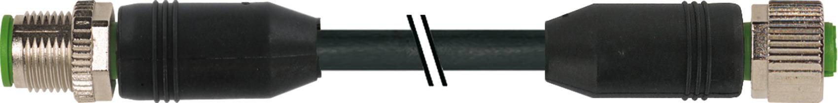 Two black connectors are connected with a black cable, each with a metal ring at the ends.