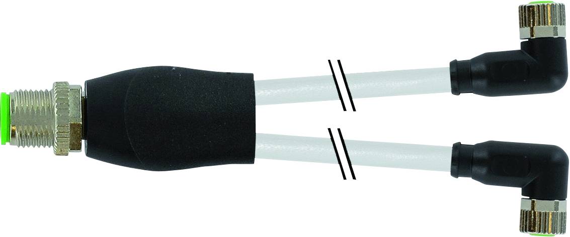 Two-part M8 splitter cable with one male and two female connectors, each at the end of a short white cable.