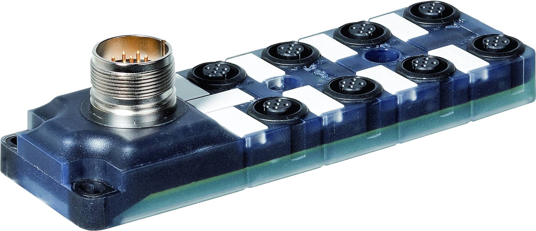 Multi-way connector with eight terminals, suitable for industrial applications, features robust metal threading.