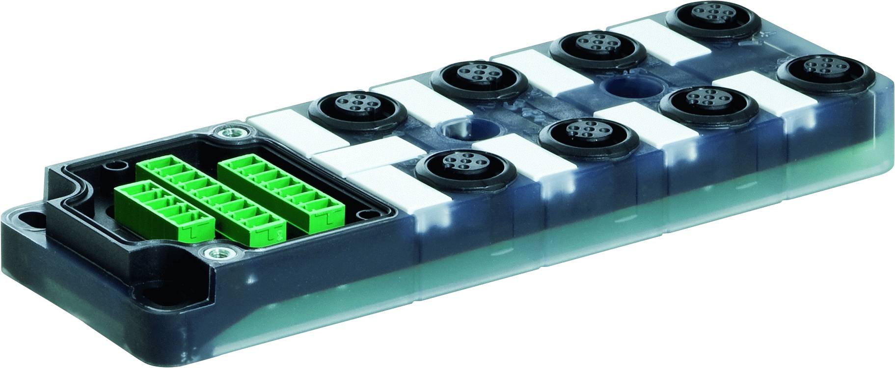A rectangular electronic connection module with multiple round socket ports and green cable terminals on the left side.