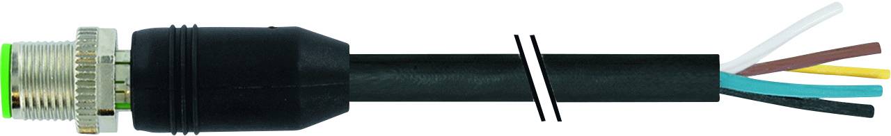 A black cable with exposed coloured wires: yellow-green, blue, brown, black, white. Connector at the other end.