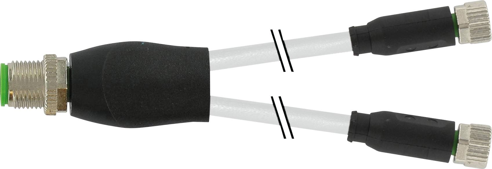 A Y-adapter with one input and two outputs, black housing, metallic connectors at both ends of the cables.