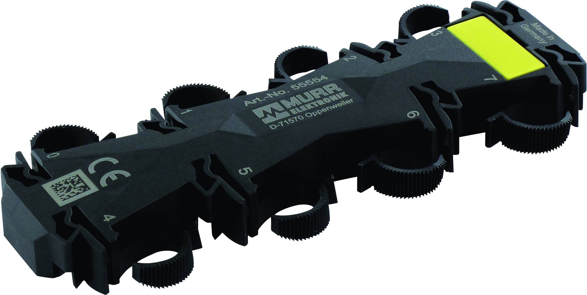 A black multi-distributor with six slots, one of which is marked yellow. Product by Murrelektronik, model M12-DIAG.