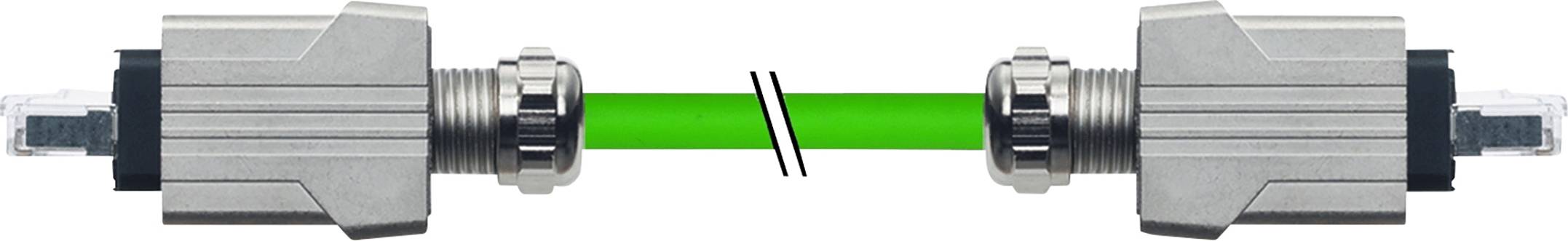 Two grey connectors with a green fibre-optic cable between them, which is severed; symbolises an interruption.
