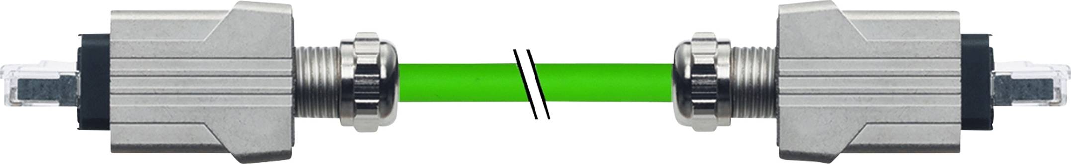 Two grey connectors, linked by a green light, symbolise an optical or electronic connection.
