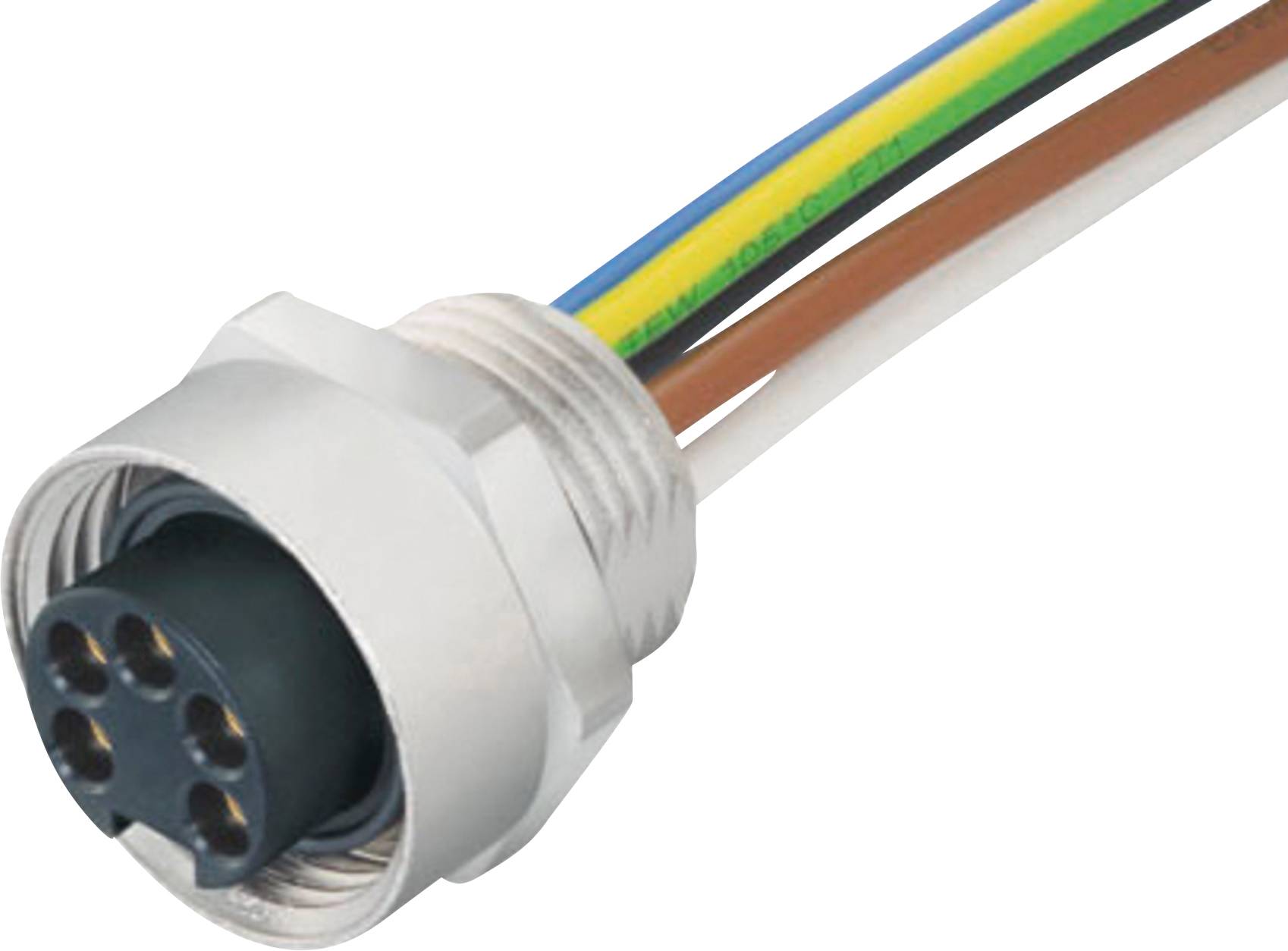 Six-core cable plug with metal housing. Cores are colour-coded: green-yellow, brown, white, blue. Used for electrical connections.