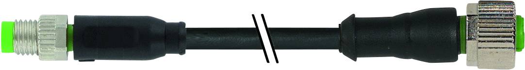 Electrical cable with black and green plugs at both ends, separated in the middle.
