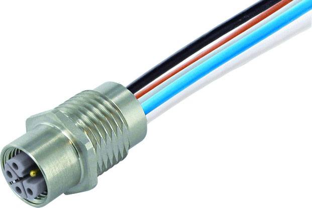 'A metal plug with multiple coloured cables (black, red, white, blue) extending from it.'