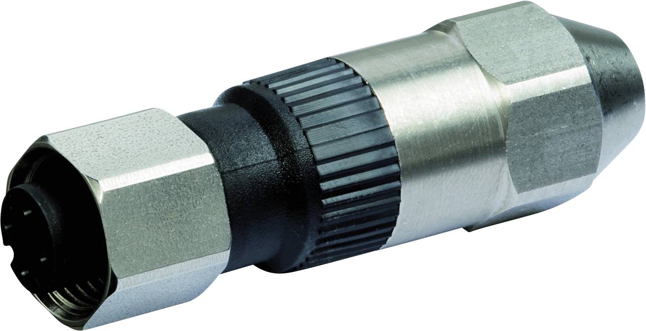Metallic connector with a screw-on cap and a knurled grip. Suitable for industrial applications.