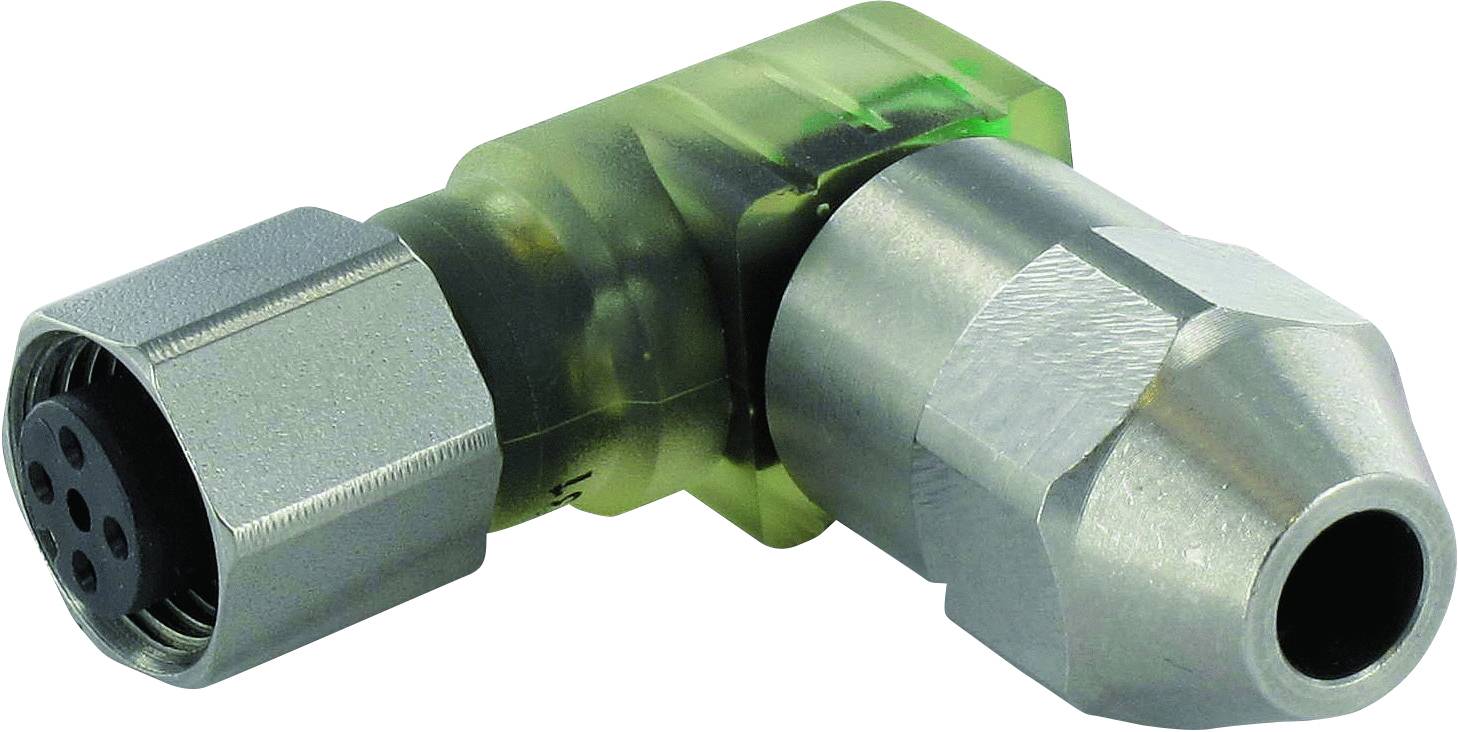 A metal and plastic L-shaped electrical connector with multiple connection points.