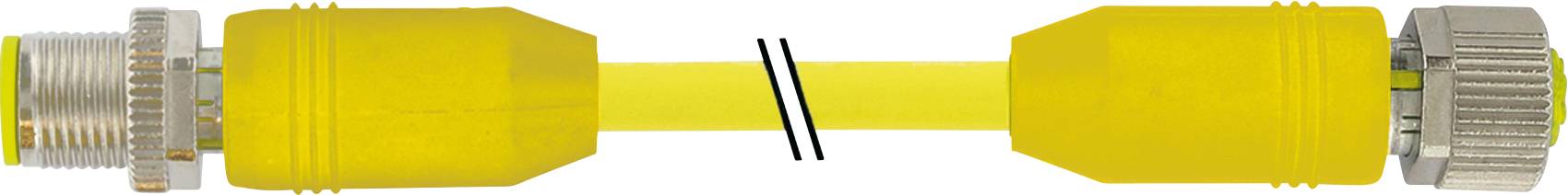 Yellow cable with metal connectors at both ends. Left connector shows threaded pattern, while the right one has a ribbed cap.