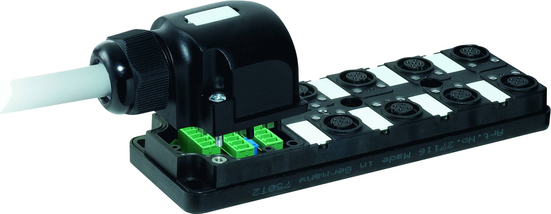 A rectangular, black technical device with multiple white slots and green connectors.