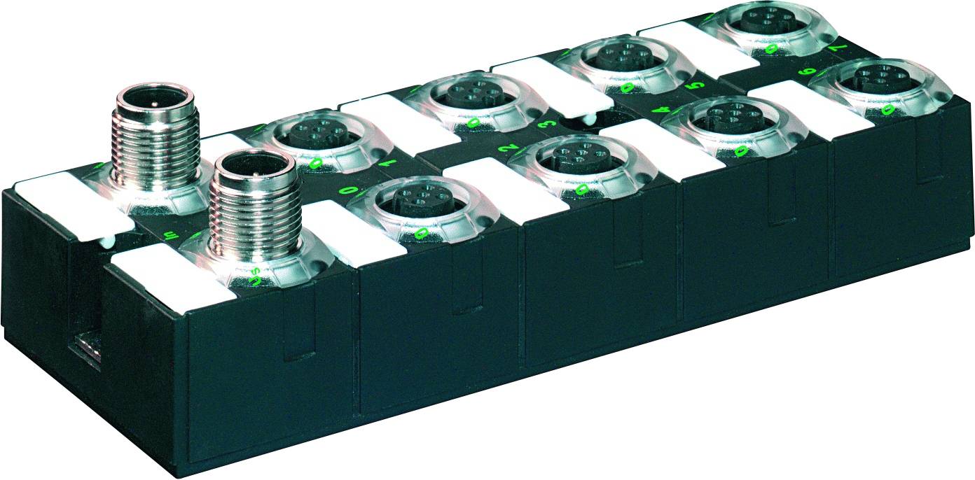 An industrial connection module with multiple connectors; most likely for connecting or linking electronic devices.