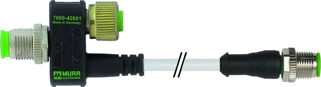 'Industrial plug system with a black housing and green accents, manufactured in Germany, with two cable connectors.'