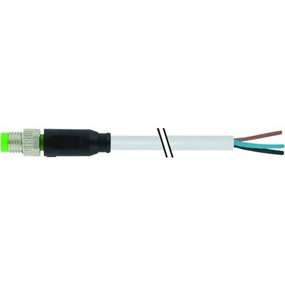 'A cable with a green connector plug; three coloured wires protrude: brown, blue and black.'