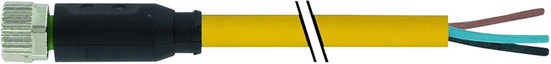 Cable with a yellow outer sheath, black plug, and three exposed conductors in green, blue, and brown at the end.