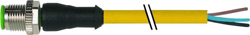 Yellow cable with black connector on the left-hand side, three exposed cores on the right: brown, blue, black.