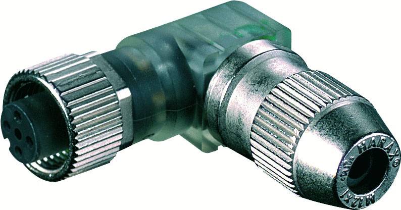 Metallic, right-angled connector with a knurled grip and plastic housing, suitable for industrial applications.