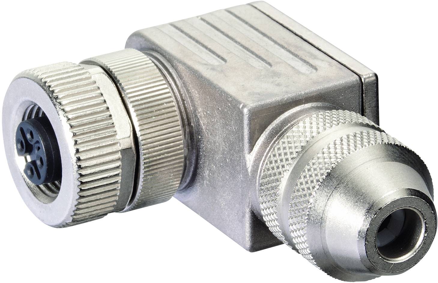 A square metal connector with two cylindrical terminals, one with a ribbed surface and one with a threaded ring.