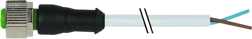 A connector with a metal housing and two visible wires, blue and brown, protruding from a white cable.