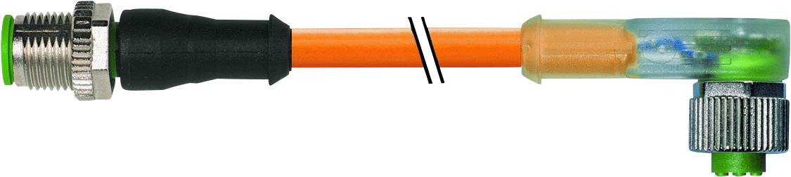 An orange electrical cable with connectors at both ends. On the left, a metal fastener, on the right a green and transparent connection.