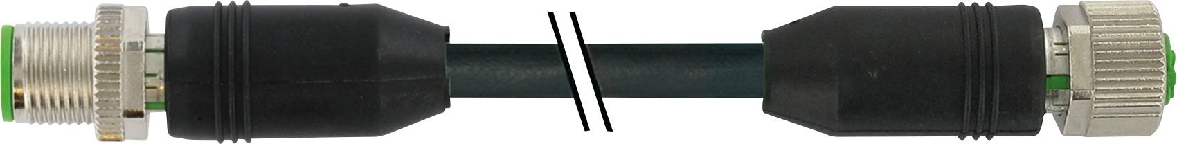 A black cable connector with metallic ends, connected by a central thick cable.