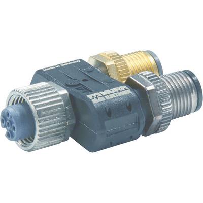 A black M12 connector with multiple gold and silver screw terminals. Text 'Made in Germany'.