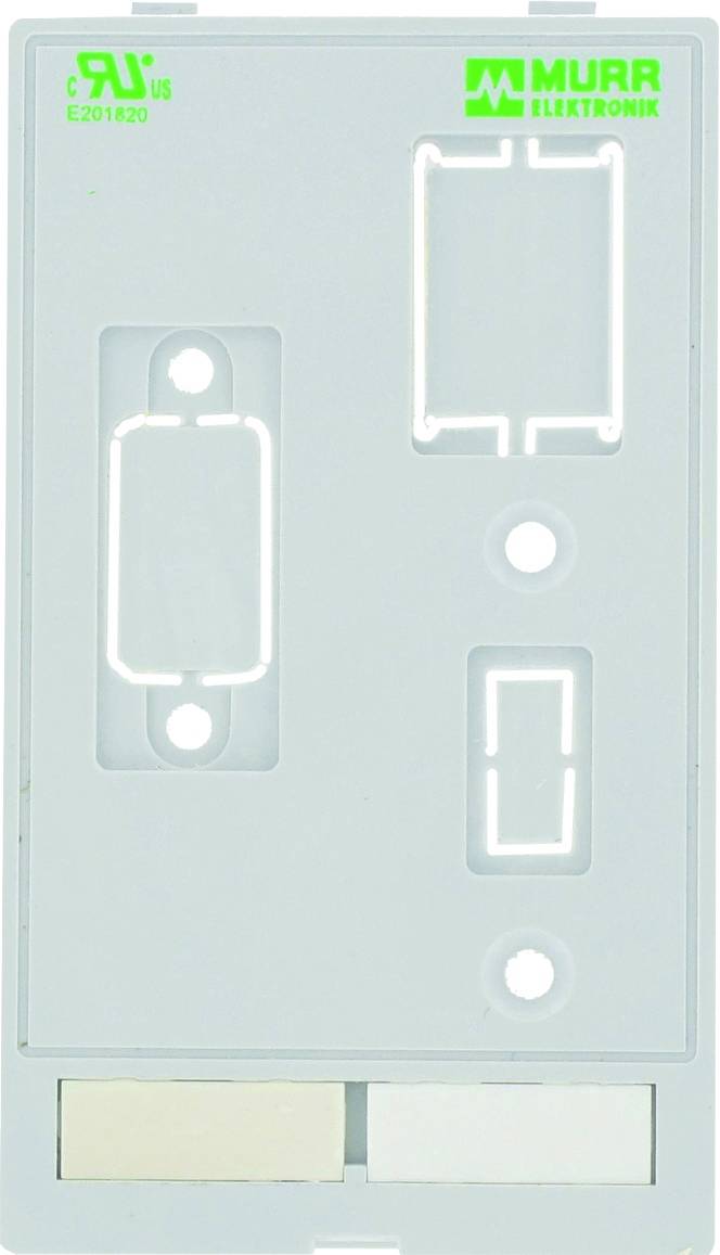 Grey-white plastic cover with multiple rectangular and round cutouts, green print in the top right: 'Murrelektronik'.