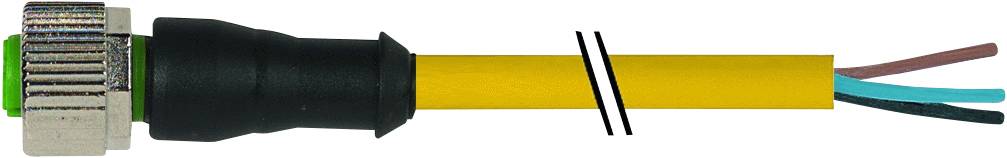 Yellow cable with metal plug and three exposed wires in brown, blue and green.