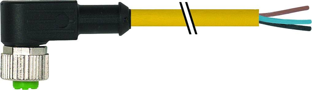 Close-up of an angled plug with a yellow cable and silver connection. Three wires (blue, green, brown) are protruding.