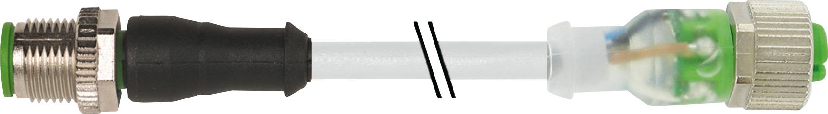 A metal-threaded connector with black, green and white wiring, showing a connection between two sections.