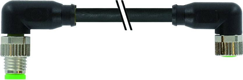 'Black plastic hose connecting two metal adapters at right angles, with green end caps at the extremities.'