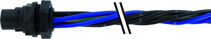 Multicoloured cable bundle with blue and black cables, secured by a black cable gland.