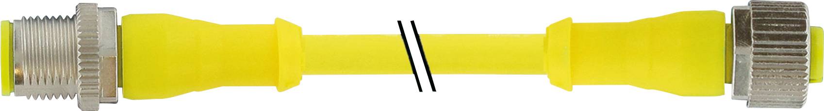 A yellow coaxial cable with metal connections at both ends, separated in the middle by a stylised cut.