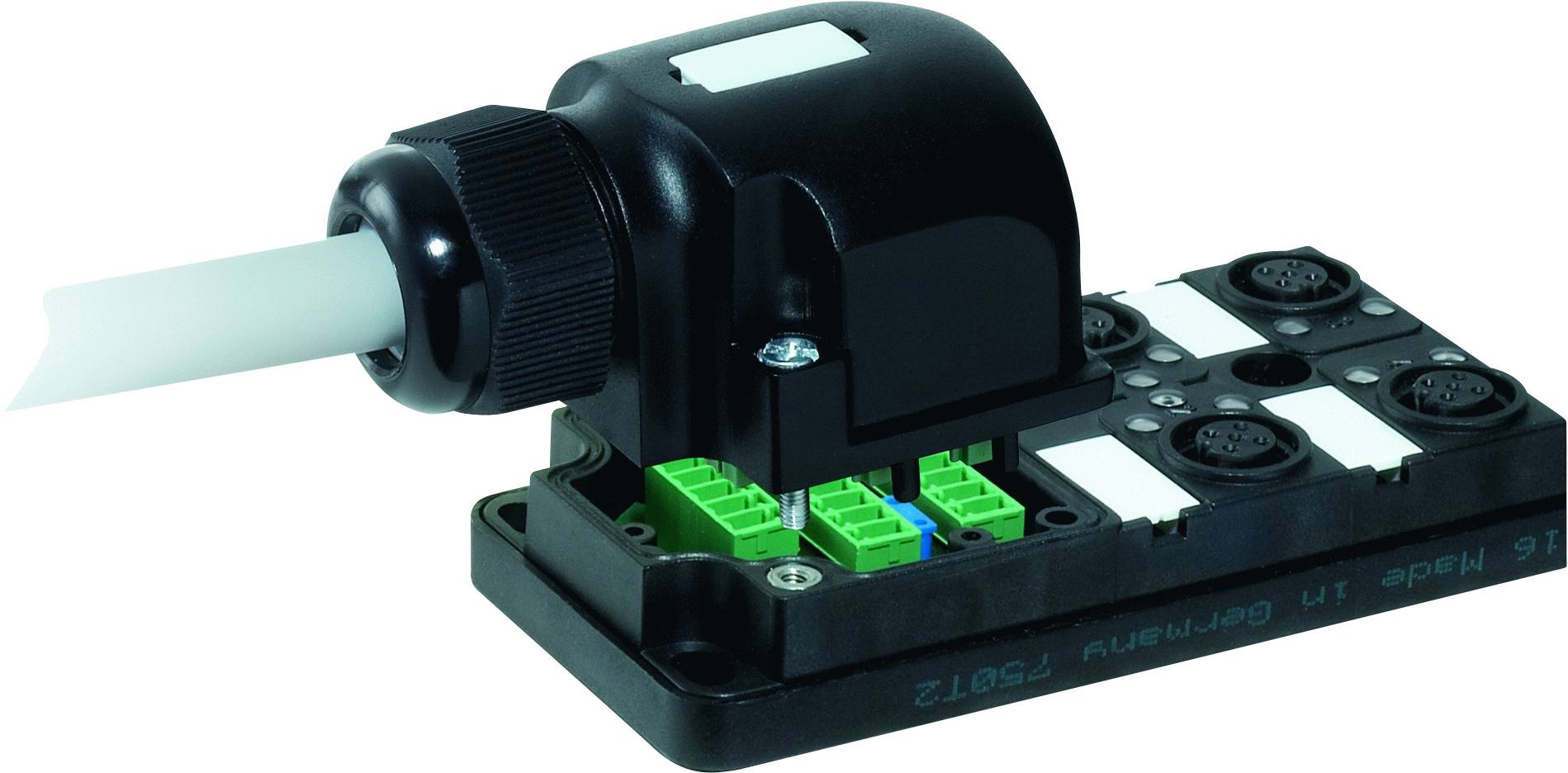 An electronic device with black and green components that features a cable connection. It is intended for industrial applications.