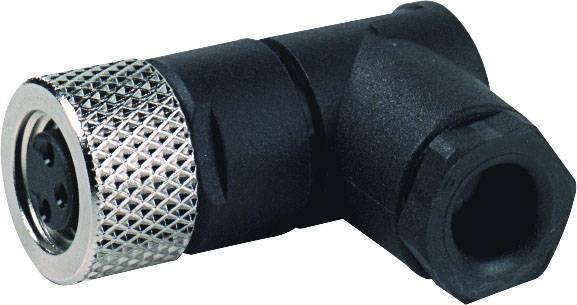 'Black angled plug with silver thread, used for electrical connections.'
