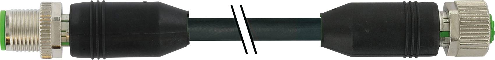 A black, cylindrical cable with two metal connectors at its ends. The connectors are cylindrical and feature green accents.
