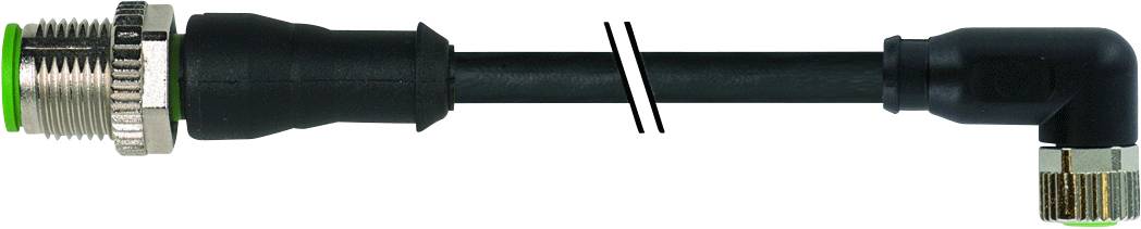 Black industrial cable with a right-angled plug and green ring at one end, for electrical connections.