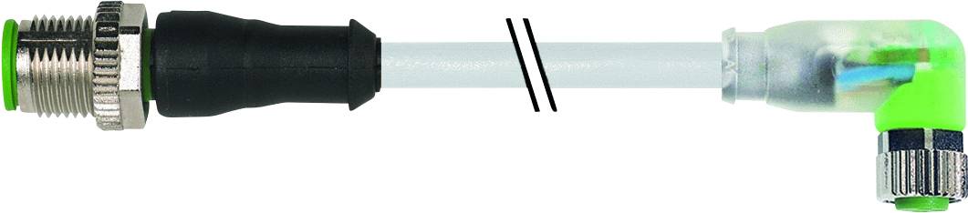 'Cable plug with green angled connection and metallic thread, suitable for industrial applications or mechanical connections.'