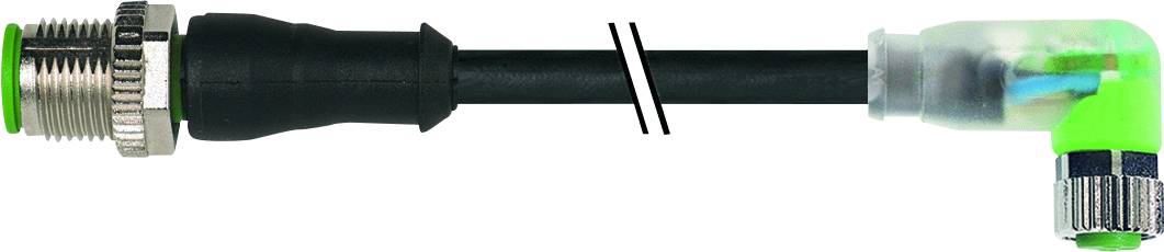 A black cable with a green connector and screw lock. It has a right-angled connection at the end.