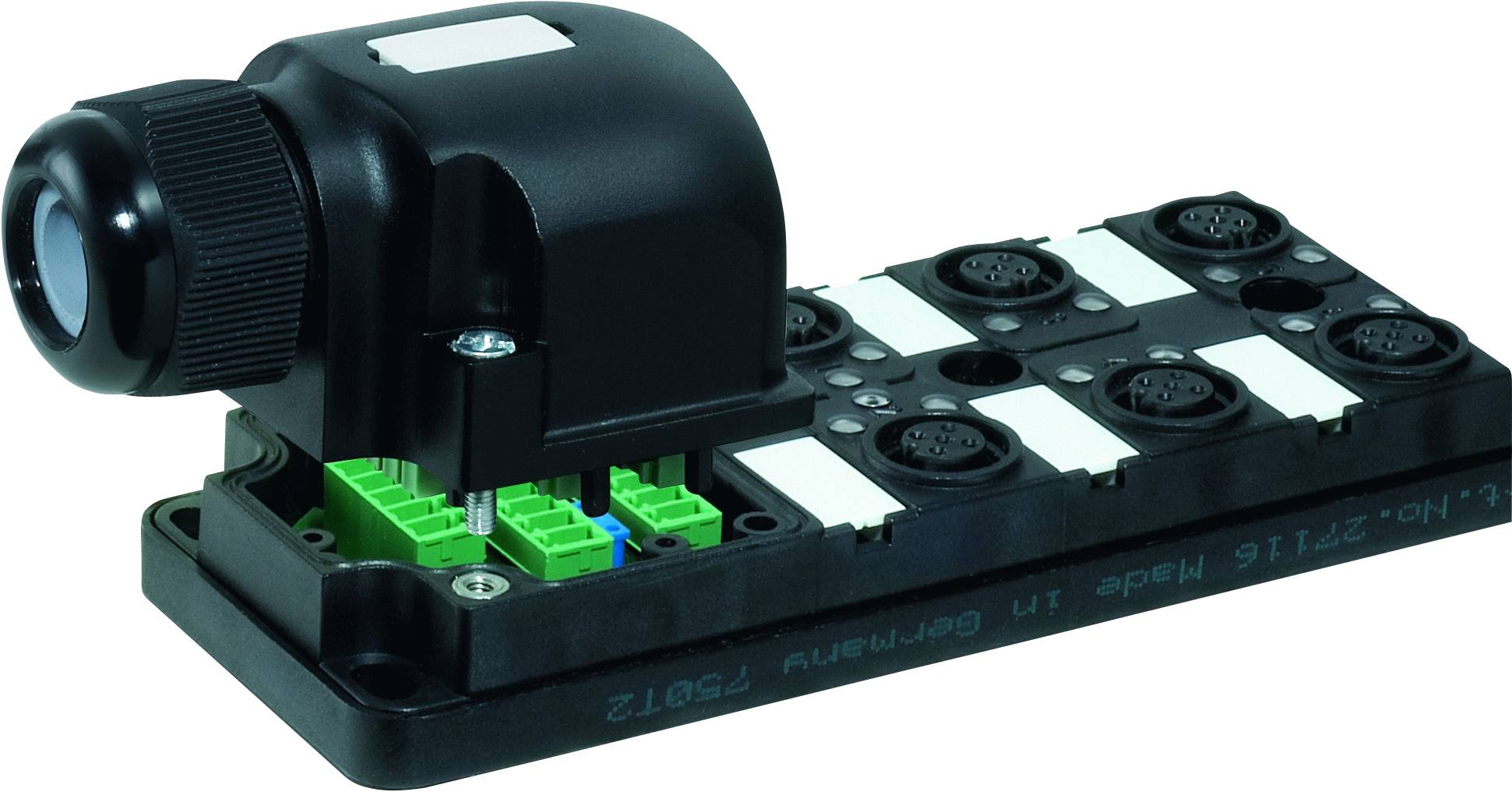 Industrial sensor mounted on a black mounting rail, connected with green cables, suitable for precise detection and analysis.