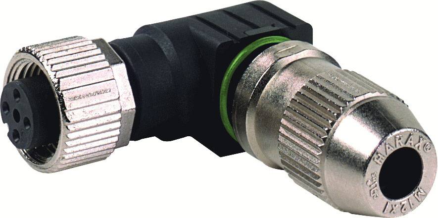 Metal plug with angled adapter and green sealing ring, used for industrial or electronic connections.