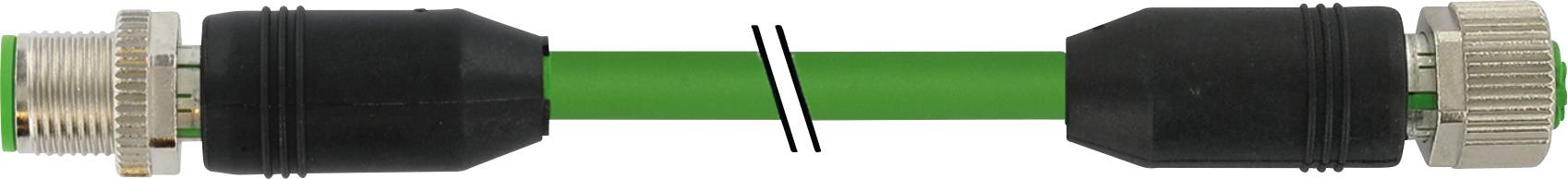 A green, detached hose with black and silver connector pieces at both ends.